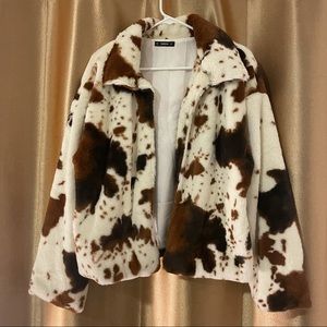 Cow Print Open Front Faux Fur Fuzzy Coat Jacket